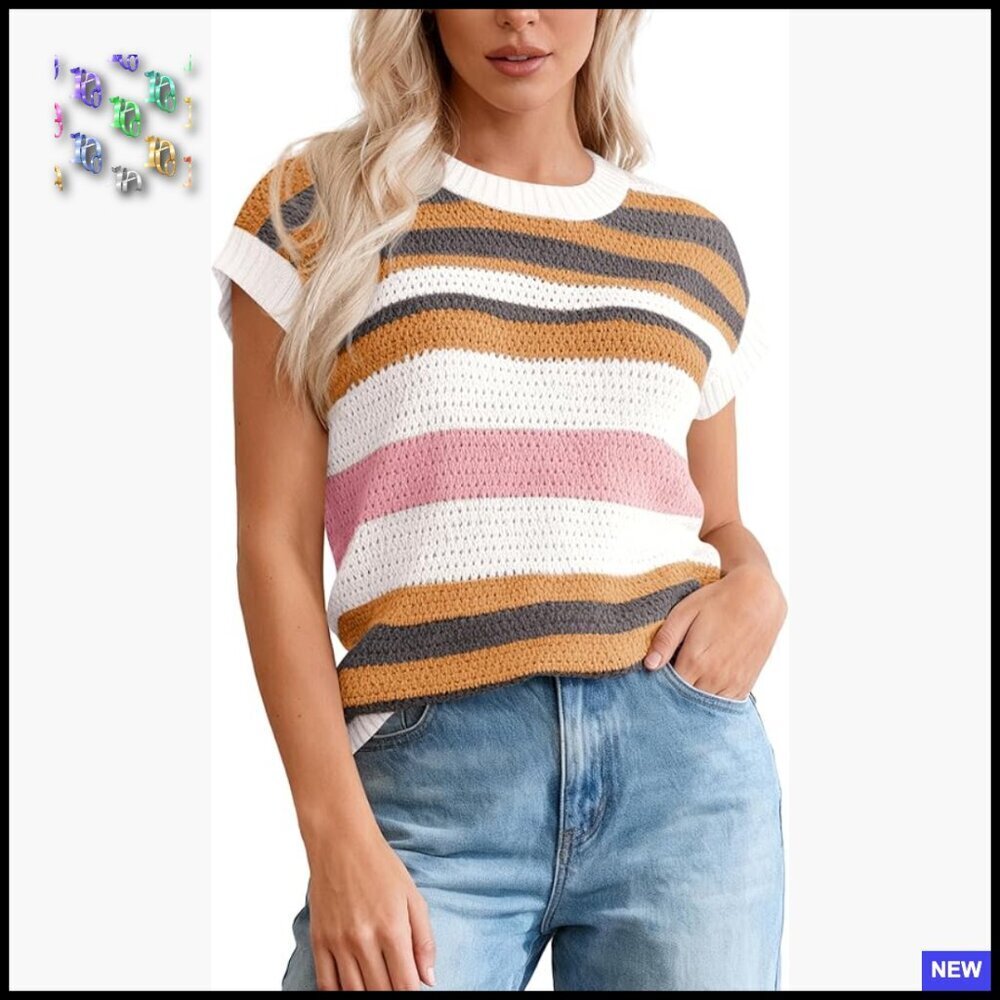 Crochet Sweater Vest Cap Sleeve Crewneck Color Block Striped Boho Summer Top